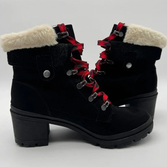 Jellypop Black Heeled Ankle Boots Red Plaid Laces Faux Fur Trim Lug Sole Size 9M - Picture 8 of 13